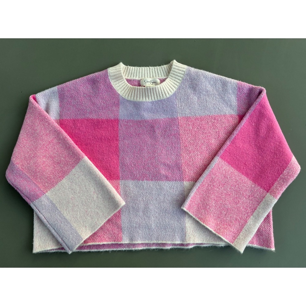 Jessica Simpson Pink Purple Plaid Oversized Cropped Sweater 3/4 Sleeves Small